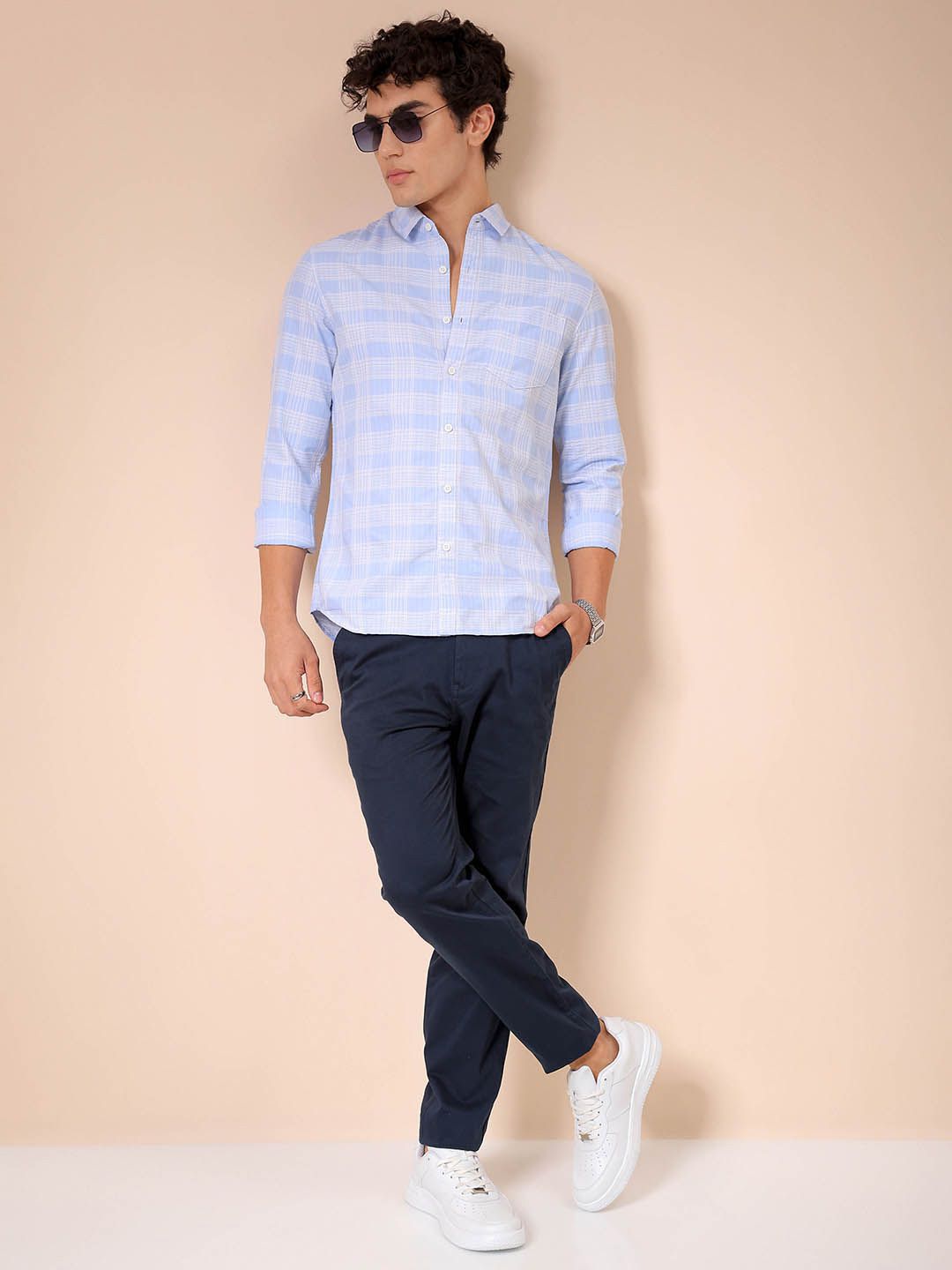 The Indian Garage Co Men Spread Collar Tartan Checked Cotton Slim Fit Casual Shirt
