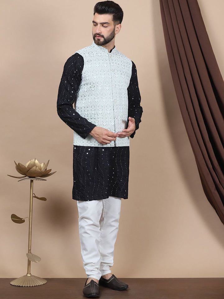 Anouk Embroidered Sequinned Pure Cotton Straight Kurta With Churidar & Nehru Jacket