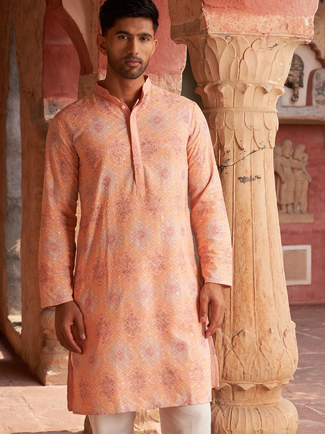 JOMPERS Geometric Collar Mandarin Collar Work Straight Kurta Lurus