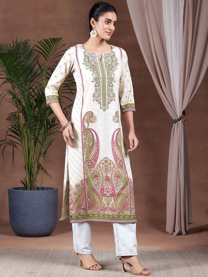 Libas Floral Printed Notch Neck Crepe Straight Kurta