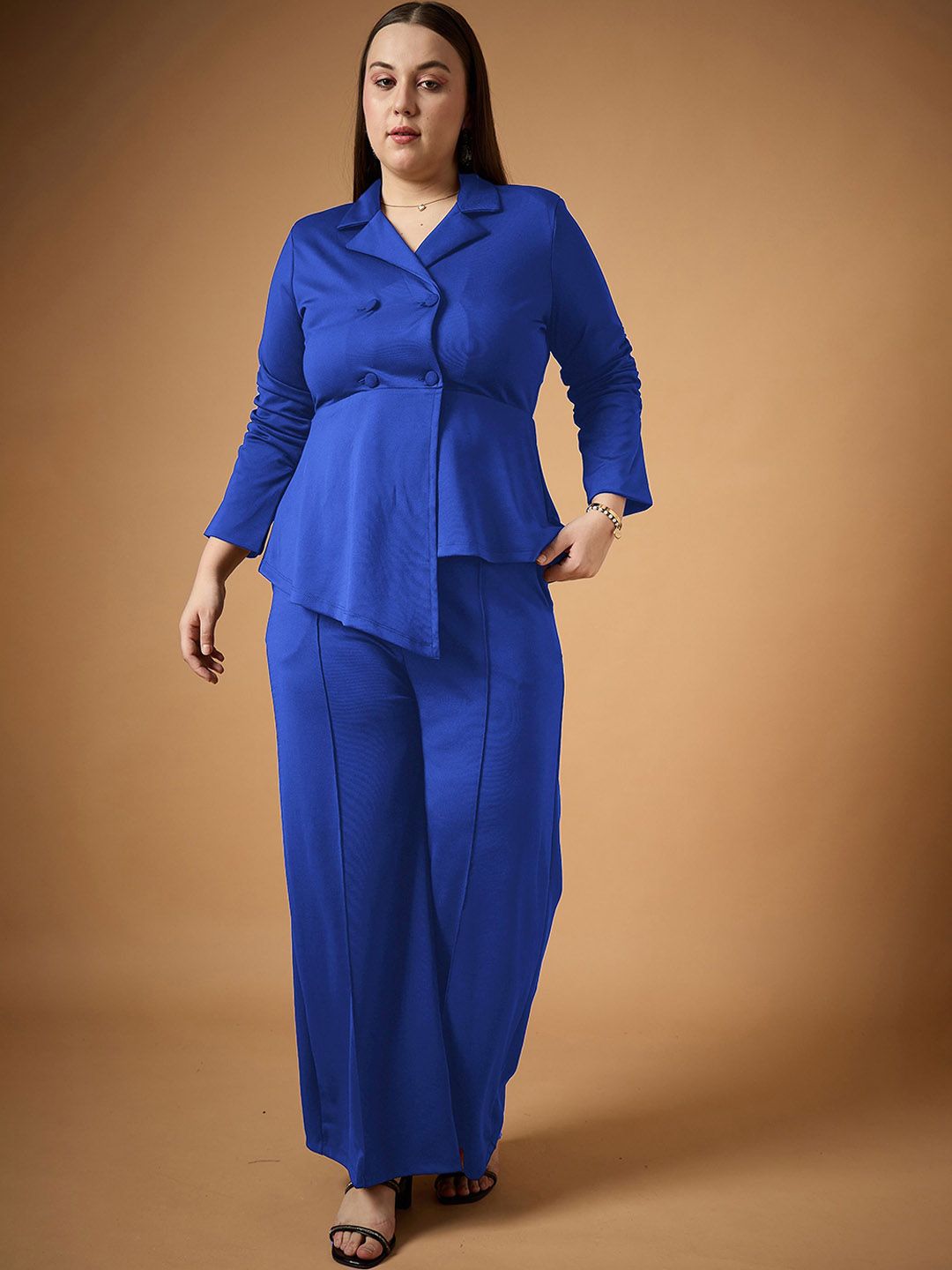 SASSAFRAS Curve Plus Size Lapel Collar Ruched Blazer With Trouser