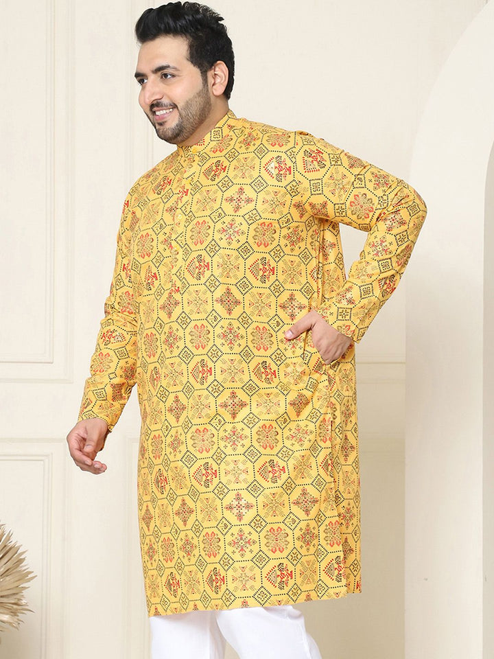 SOJANYA PLUS Ethnic Motifs Printed Band Collar Straight Cotton Linen Kurta
