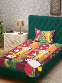 KLOTTHE Kids Yellow Printed 400 TC Cotton Fitted Single Bedsheet Set  2.2 m x 1.5 m