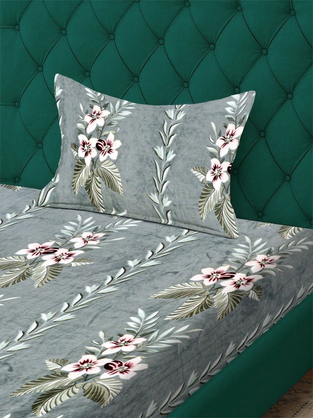 Myntra Elegant Homes Green Floral Printed Fitted 300 TC Single Bedsheet Set- 225X150 cm