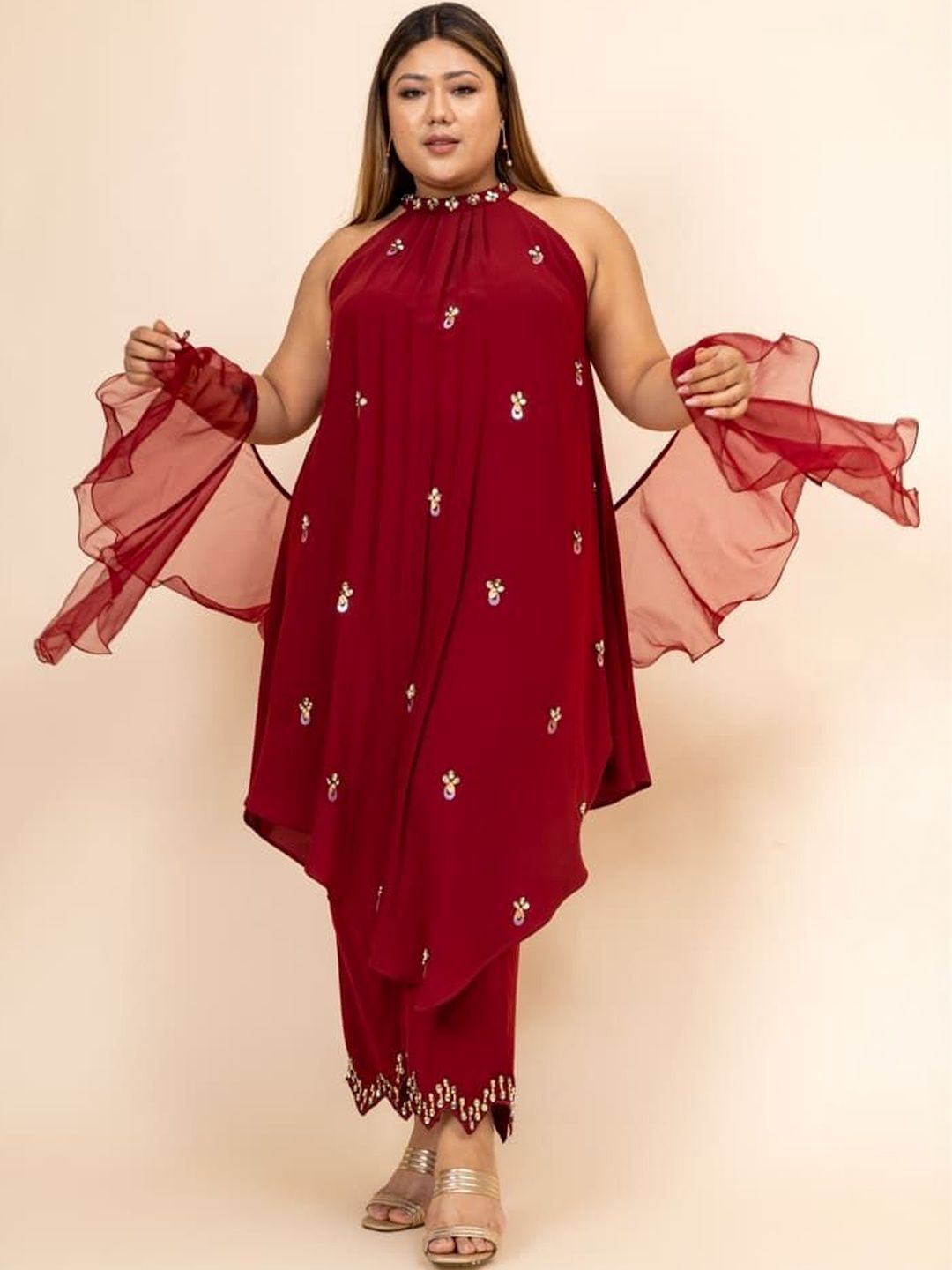 Mamicha Embroidered Halter Neck Top & Trousers Co-Ords
