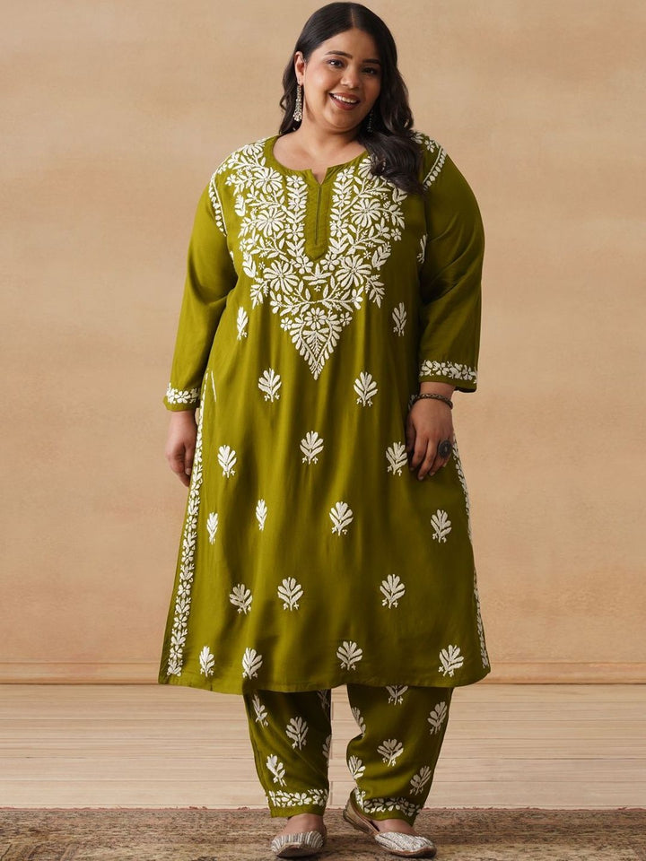 House of Chikankari Women Solid Olive 2 Pieces Regular Kurta with Trousers Set