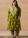 House of Chikankari Women Solid Olive 2 Pieces Regular Kurta with Trousers Set