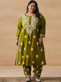 House of Chikankari Women Solid Olive 2 Pieces Regular Kurta with Trousers Set