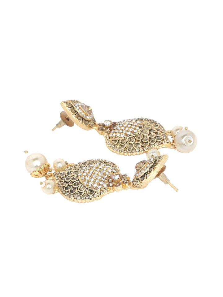 Anouk White Gold-Plated Stone Studded & Beaded Leaf Shaped Drop Earrings