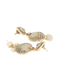 Anouk White Gold-Plated Stone Studded & Beaded Leaf Shaped Drop Earrings