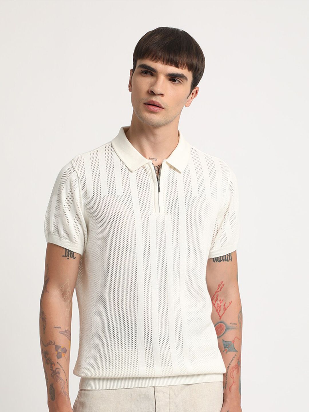 THE BEAR HOUSE Self Design Relaxed Fit Cotton Polo Collar T-shirt