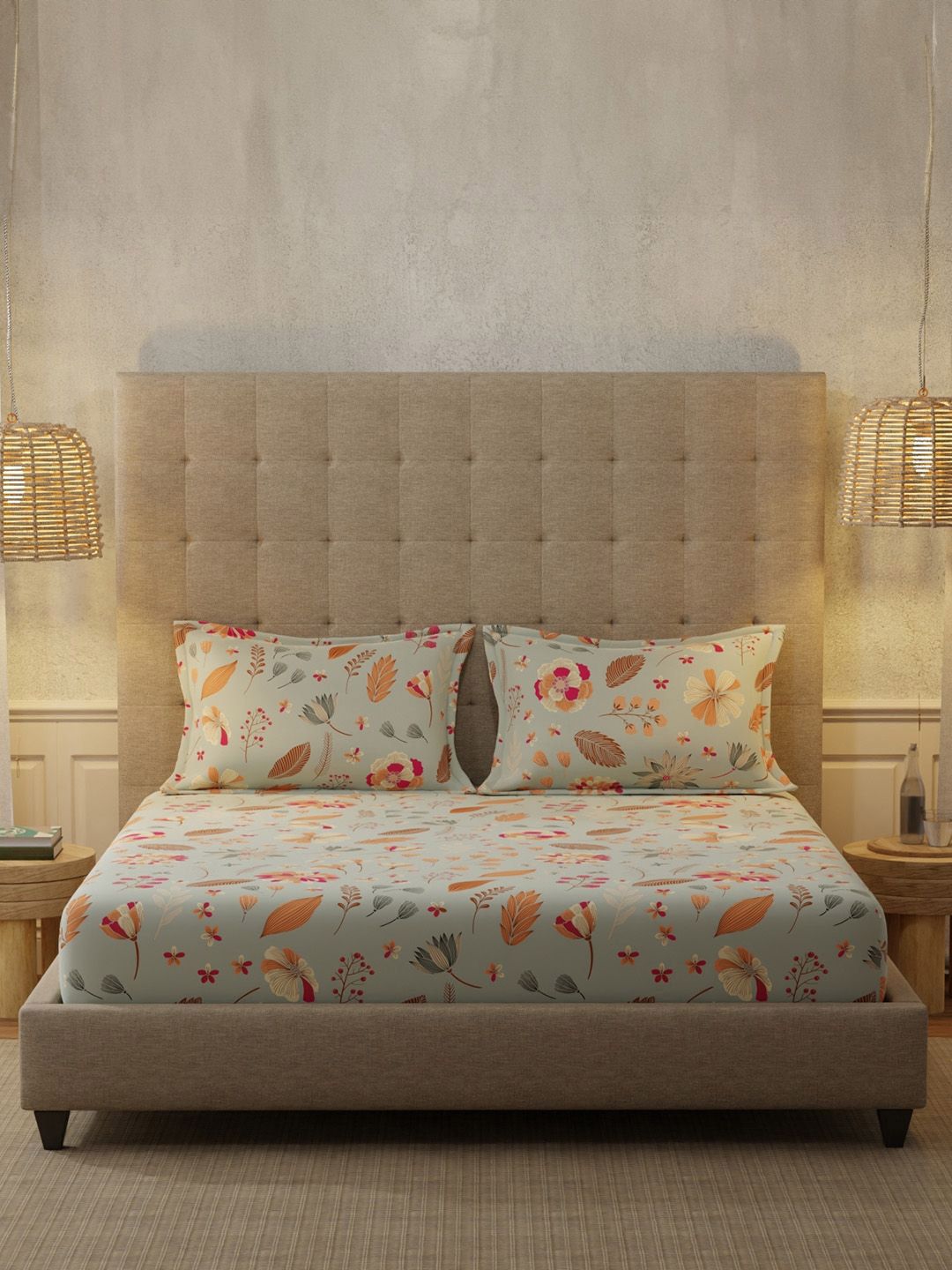 URBAN SPACE Florence Grey 200 TC Floral Queen Bedsheet
