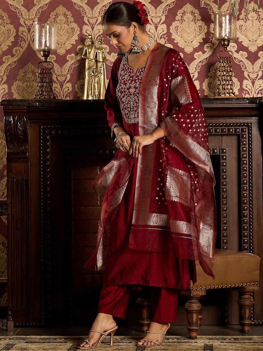 Indo Era Ethnic Motifs Zari Embroidered Liva Kurta with Trouser & Dupatta