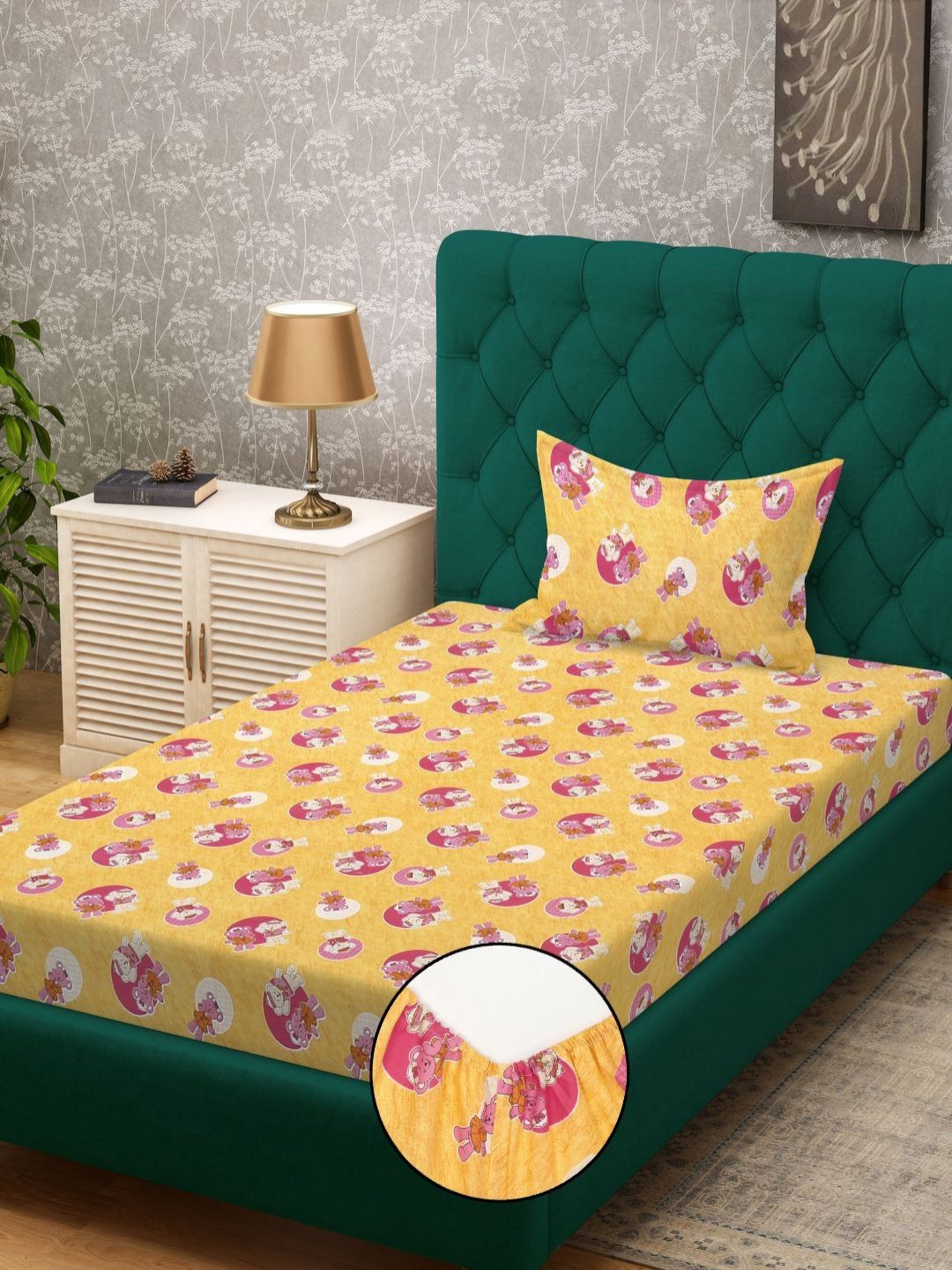 KLOTTHE Kids Yellow Printed Cotton 400TC Single Bedsheet With Pillow Cover 2.25m x 1.5m