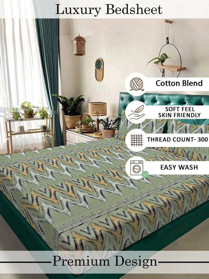 Myntra Elegant Homes Green Geometric 300 TC King Double Bedsheet with 2 Pillow Covers