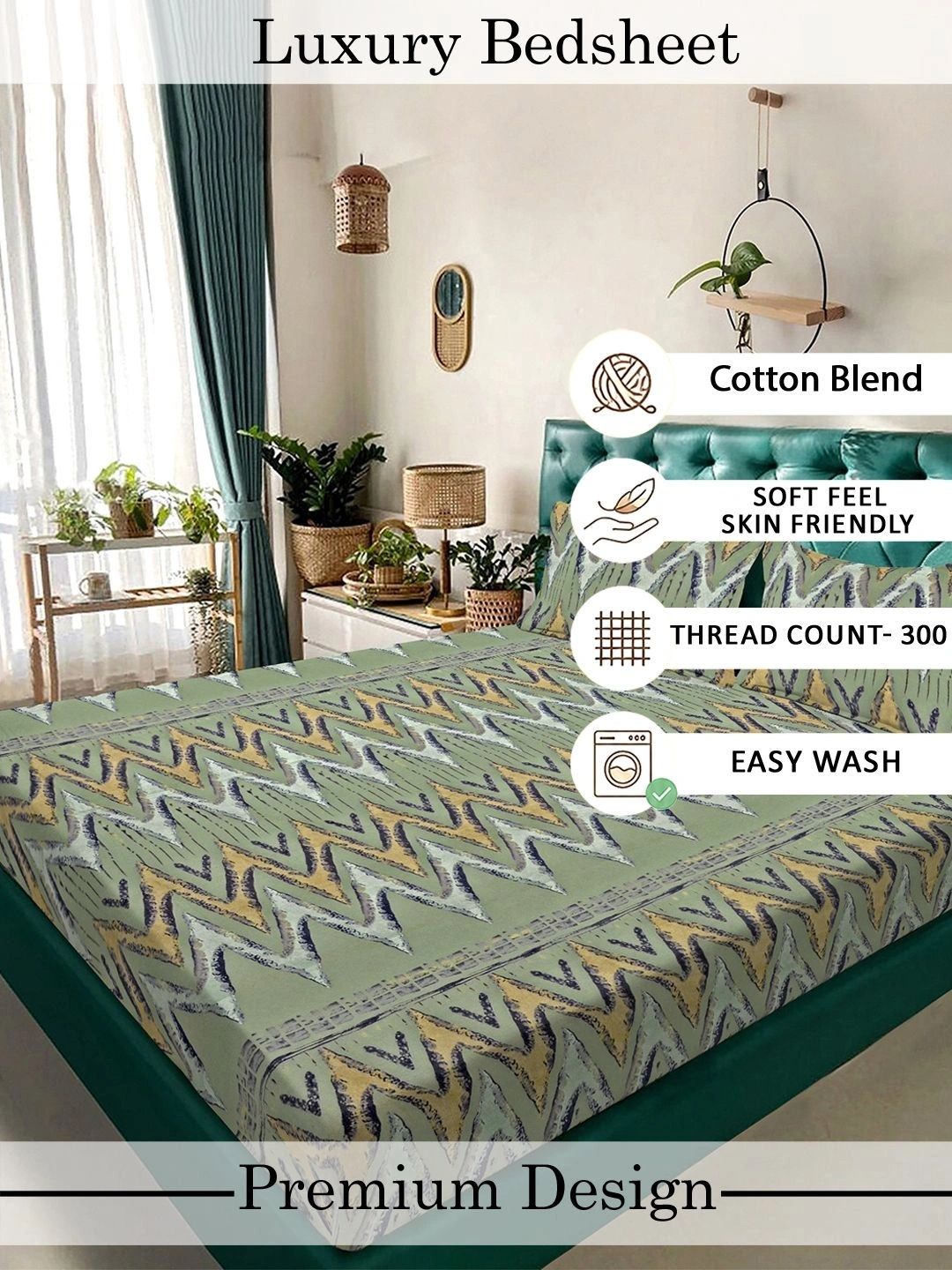 Myntra Elegant Homes Green Geometric 300 TC King Double Bedsheet with 2 Pillow Covers