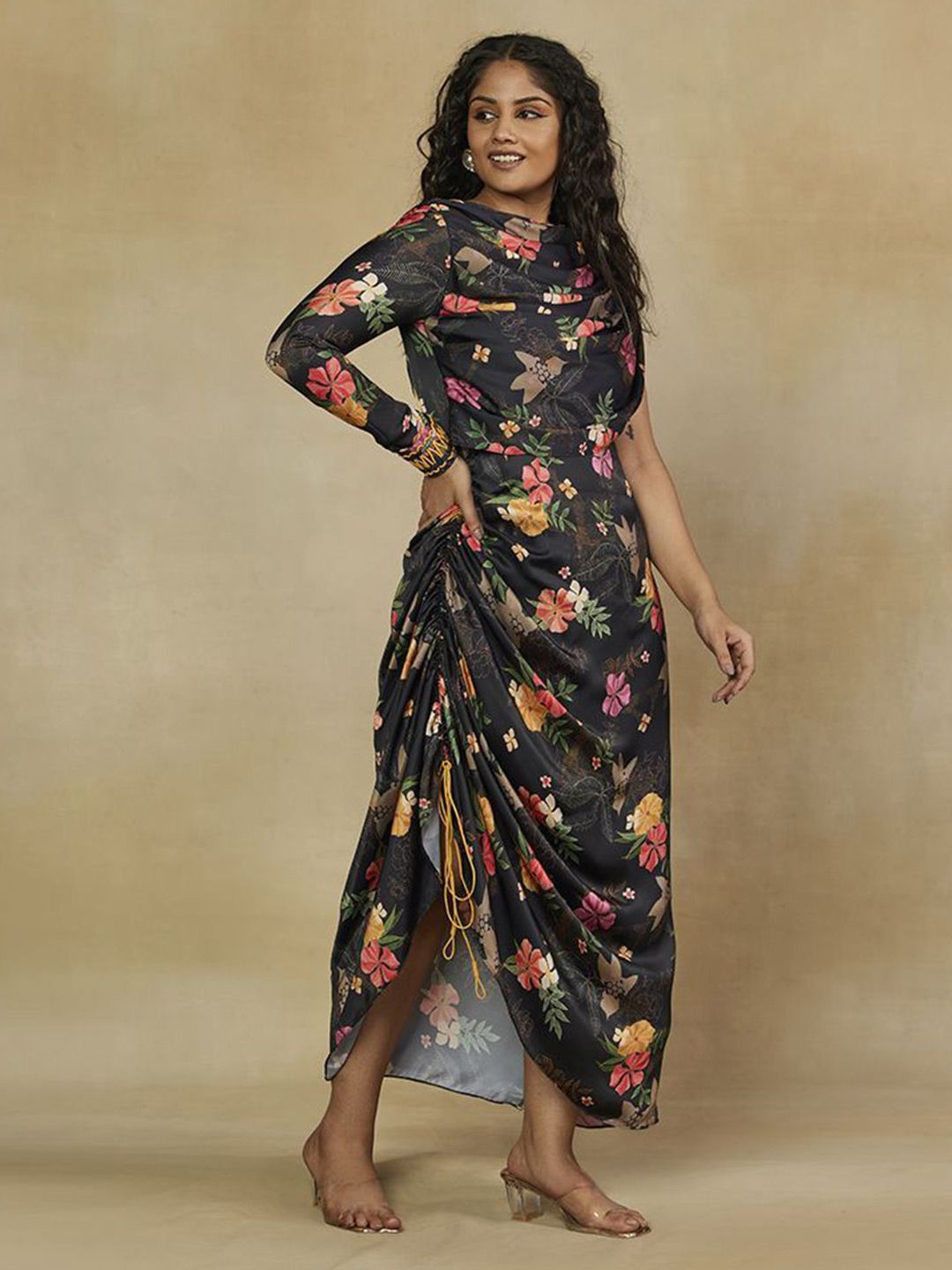 Mamicha Women Floral Print Round Neck Satin Maxi Dress