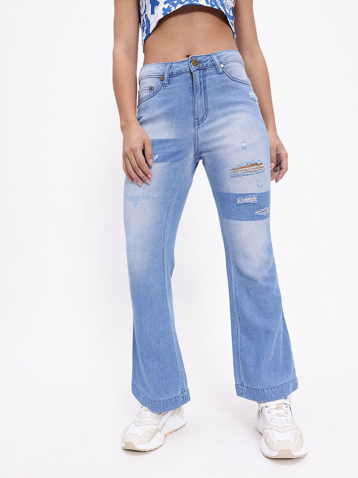 DressBerry Women Vintage Flair Mildly Ripped Heavy Fade Pure Cotton Flared Jeans