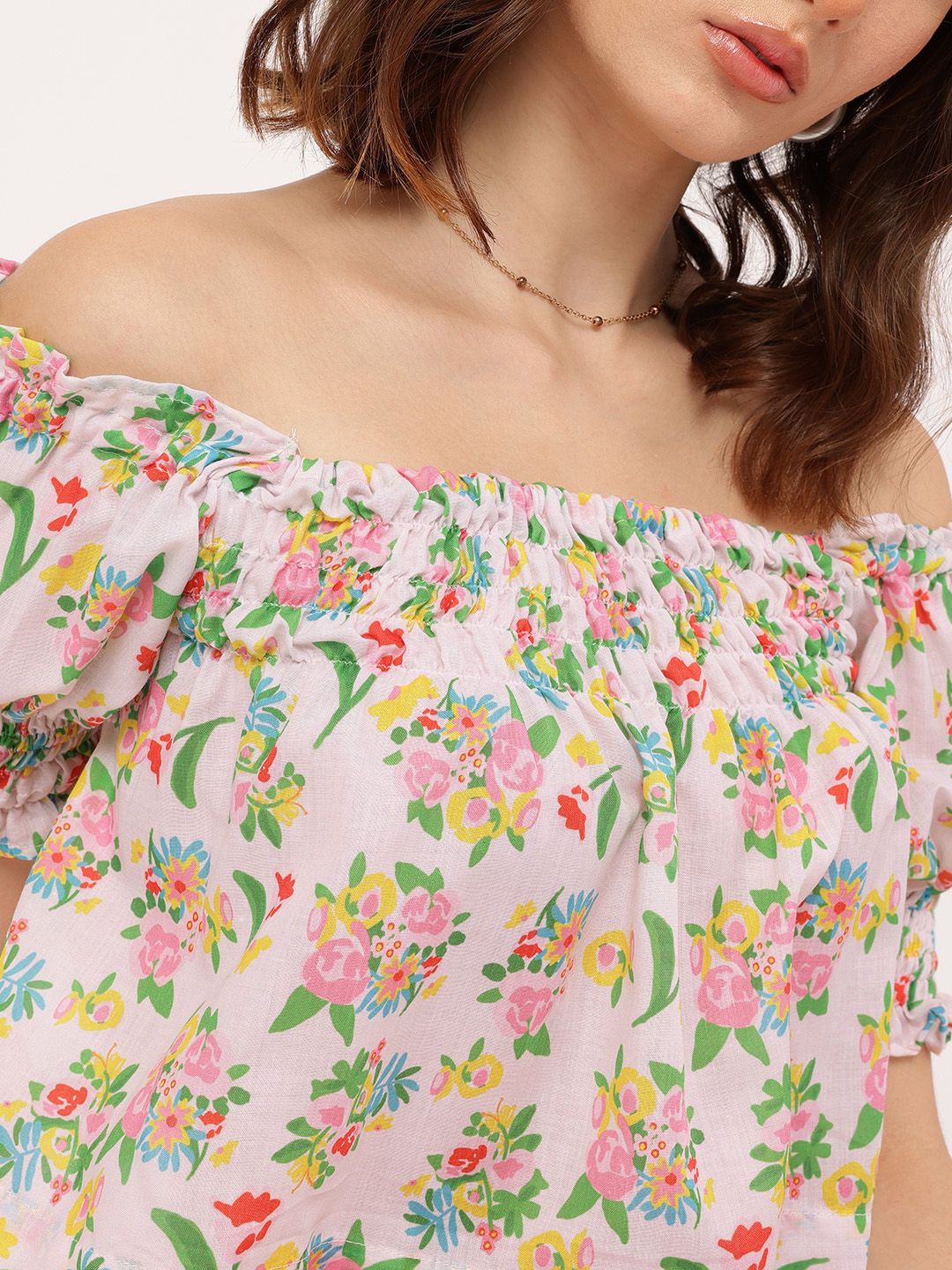DressBerry Sassy Sweetheart Floral Print Smocked Bardot Top