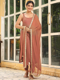 Janasya Floral Printed Square Neck Sleeveless Straight Kurta With Trousers & Dupatta