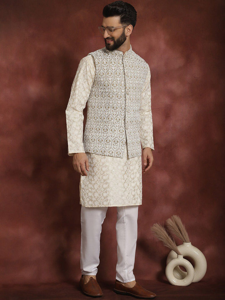 Anouk Floral Embroidered Regular Thread Work Kurta Churidar with Nehru jacket