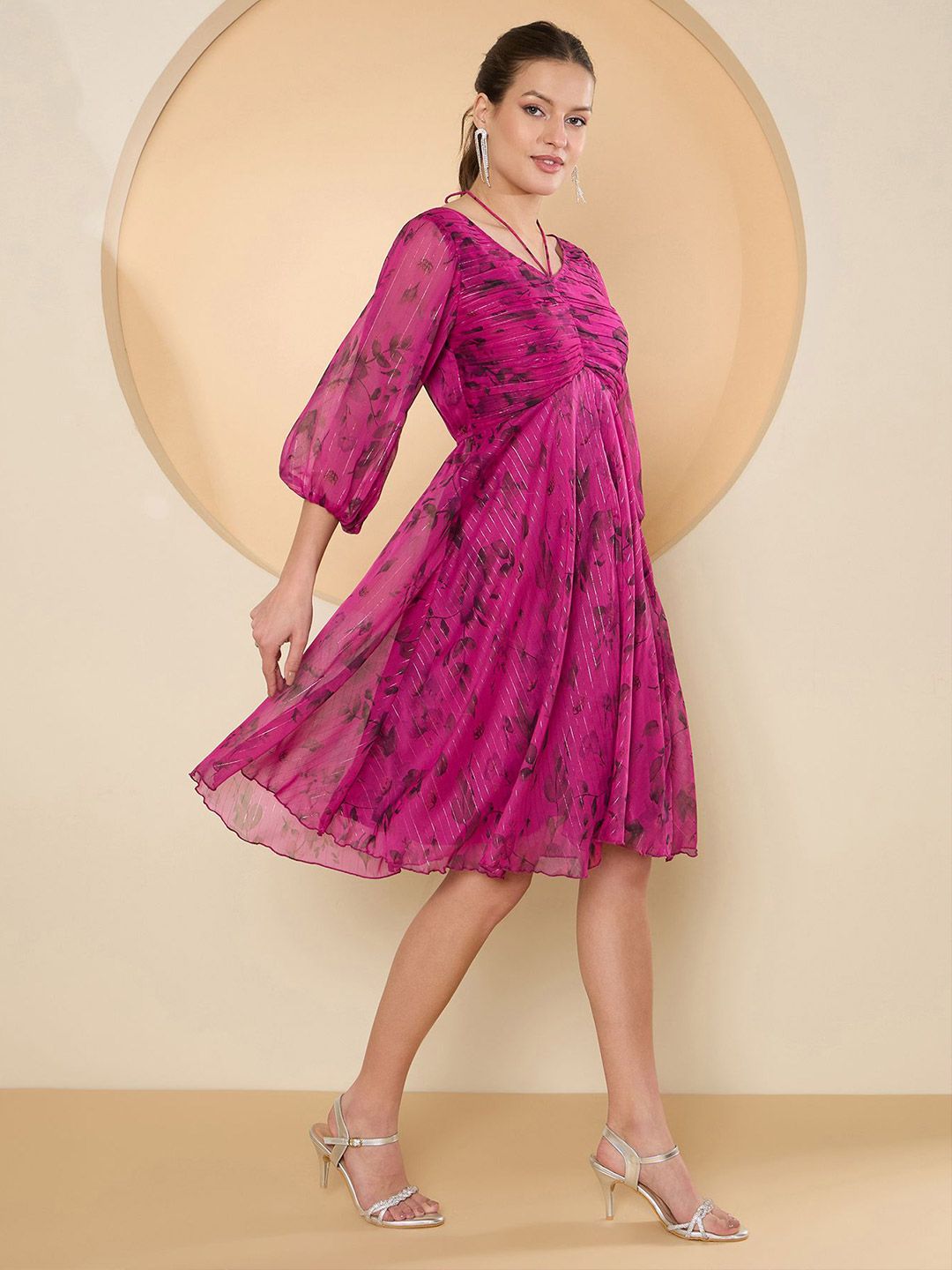 Antheaa Floral Puff Sleeve Chiffon Empire Dress