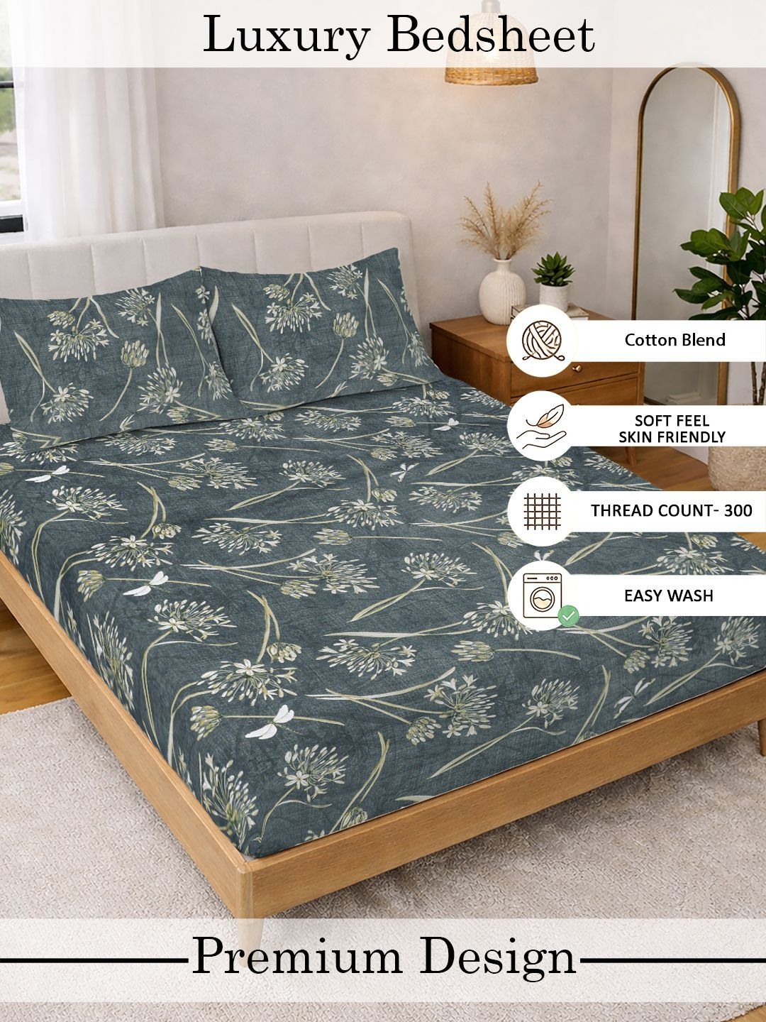 Myntra Elegant Homes Green & White Floral 300 TC King Double Bedsheet dengan 2 Sarung Bantal
