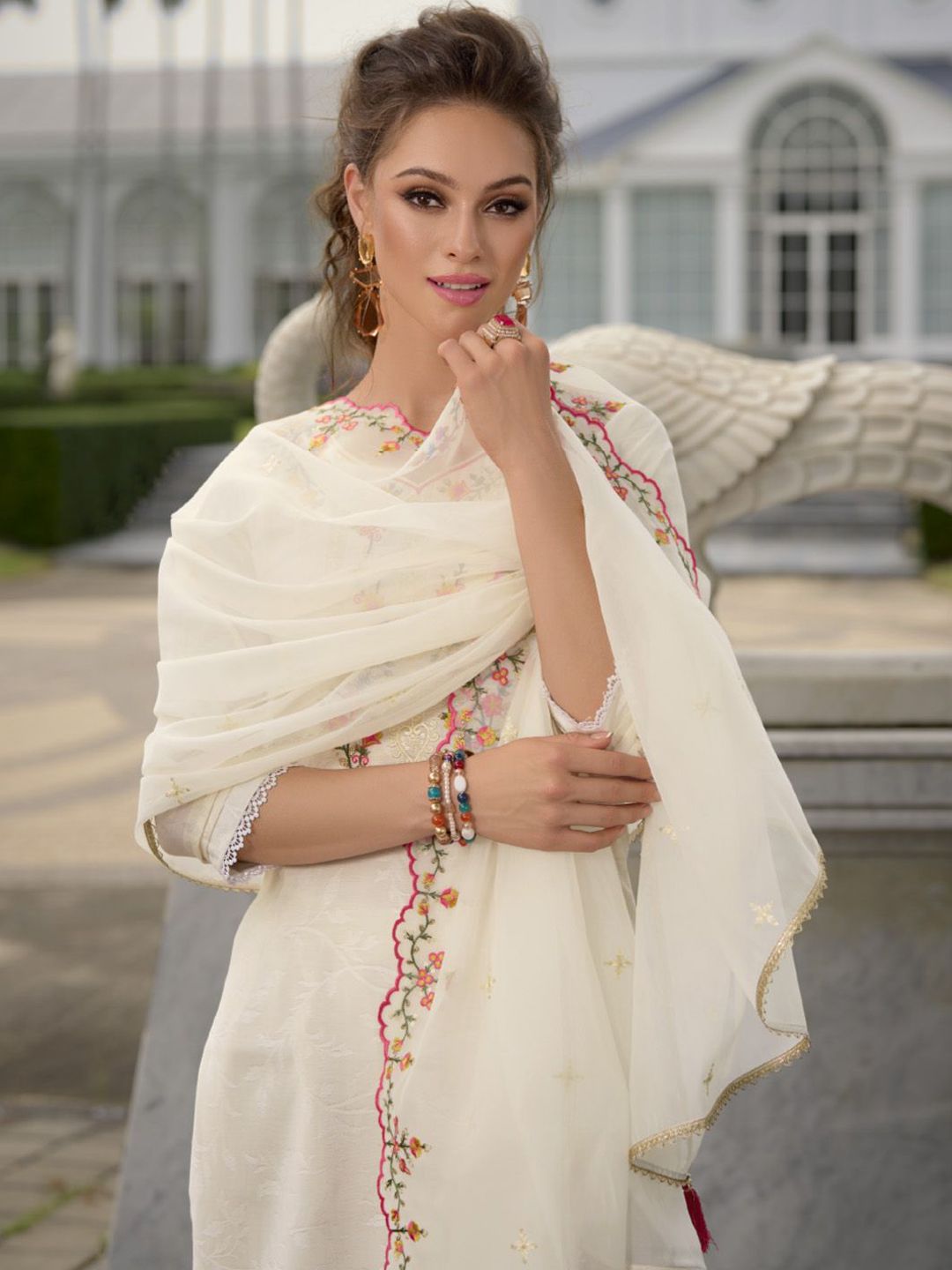 Varanga Floral Yoke Design Thread Work Straight Kurta With Dhoti Pants & Dupatta