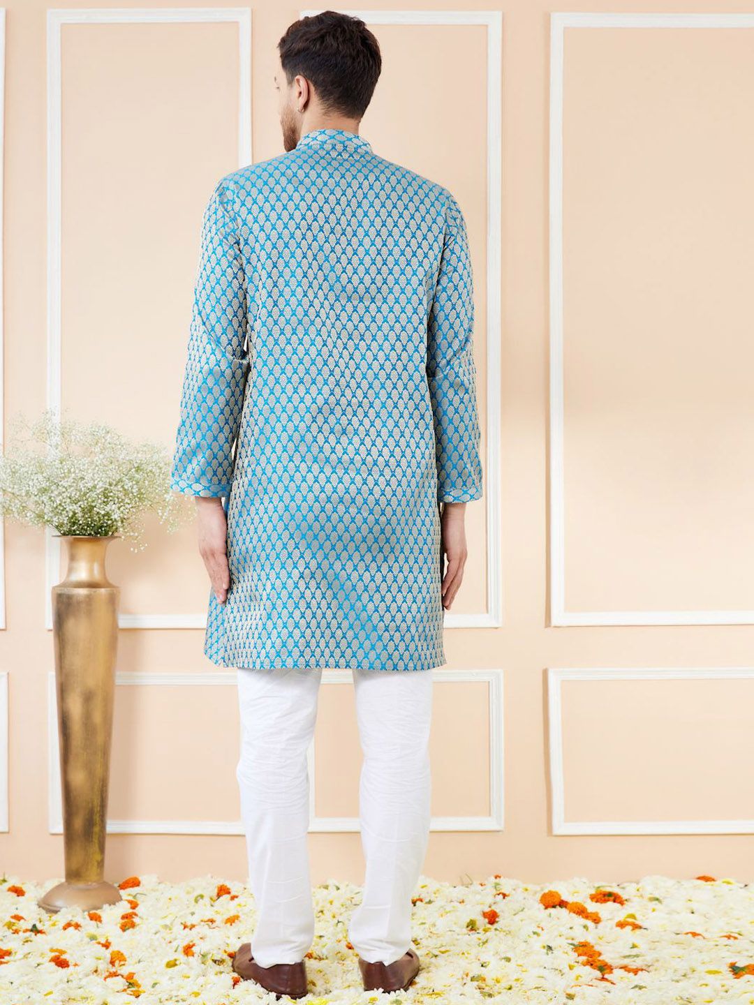 See Designs Ethnic Motifs Woven Design Mandarin Collar Straight Kurta With Pyjamas