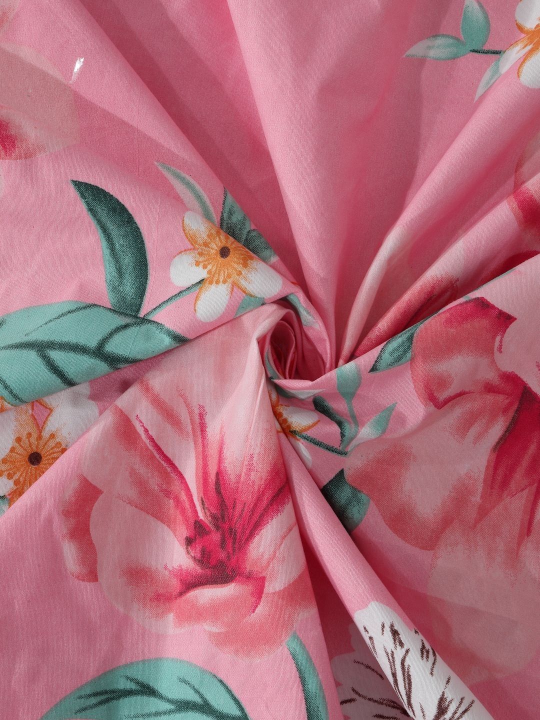 Myntra Elegant Homes Pink & Green Floral Printed Fitted 300 TC King Bedsheet with 2 Pillow Covers