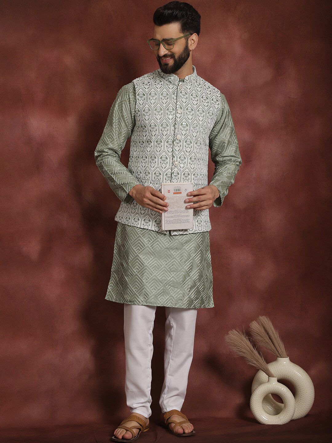 Anouk Floral Woven Design Mandarin Collar Long Sleeves Kurta with Churidar Nehru Jacket