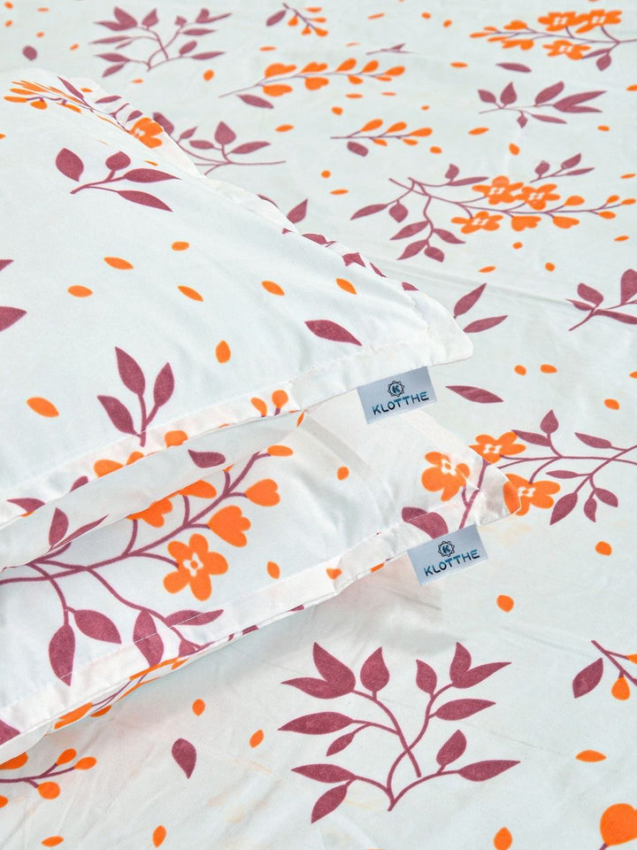KLOTTHE White Floral Polycotton 300 TC King Fine Bedsheet dengan 2 Sarung Bantal-98 x 89 inci