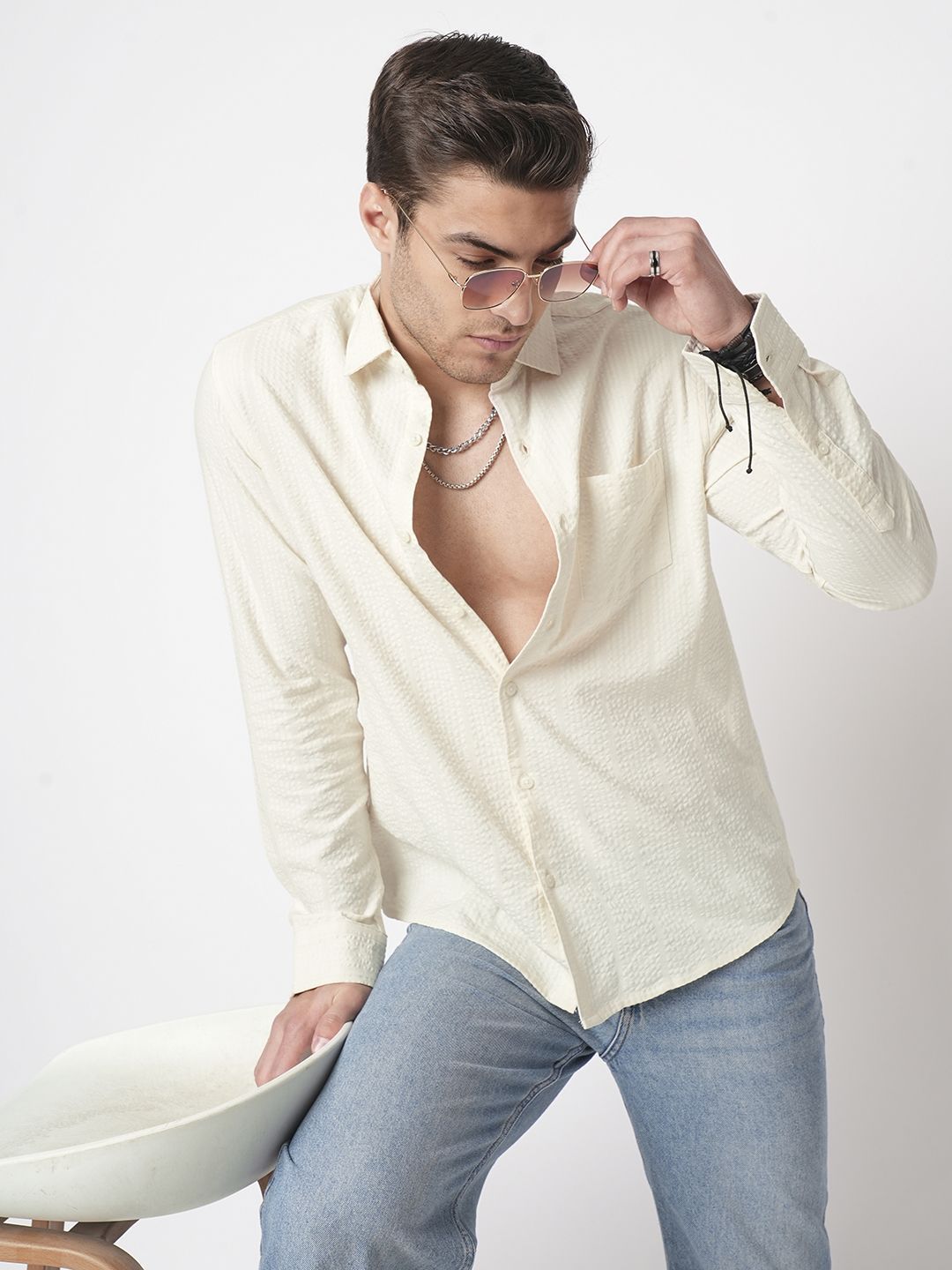 VASTRADO Men Spread Collar Textured Cotton Casual Shirt