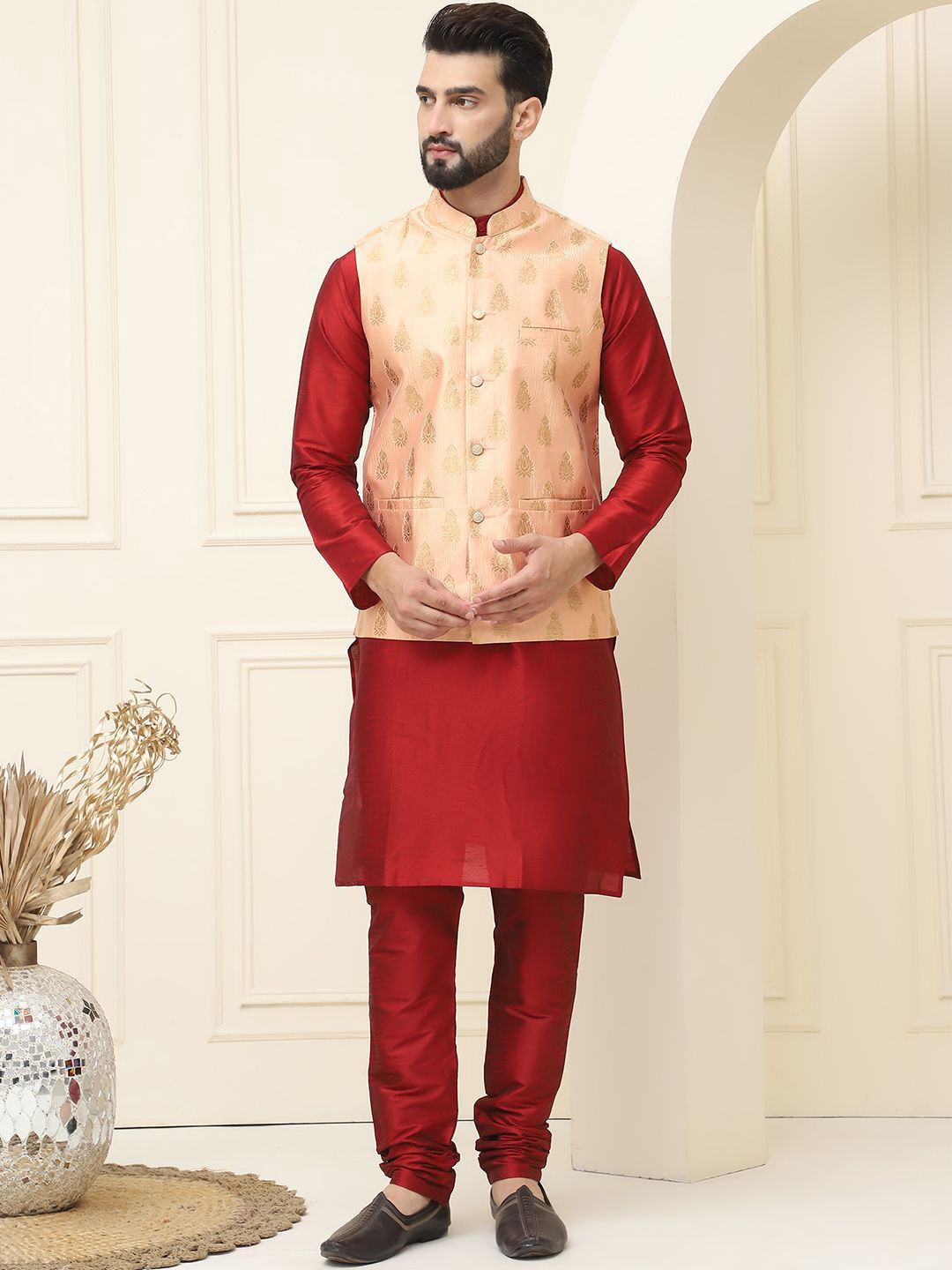 SOJANYA Mandarin Collar Zari Silk Cotton Straight Kurta with Pyjamas & Nehru jacket
