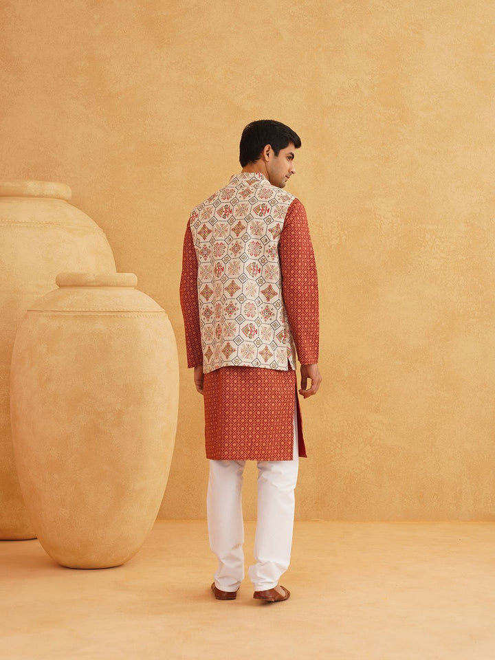 SOJANYA Floral Printed Band Collar Cotton Linen Kurta With Churidar And Nehru Jacket