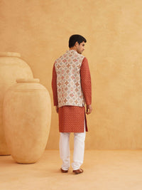 SOJANYA Floral Printed Band Collar Cotton Linen Kurta With Churidar And Nehru Jacket