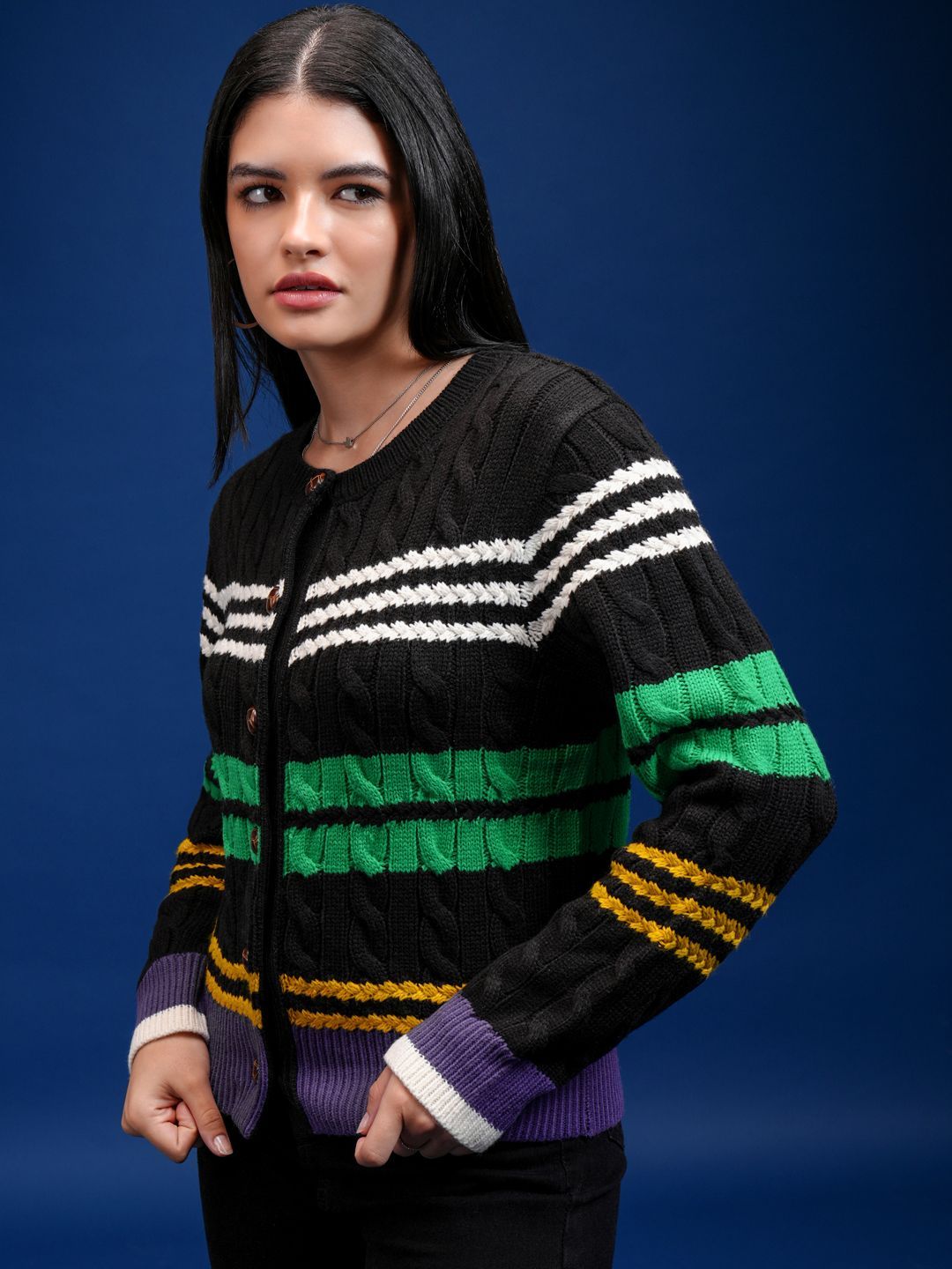 Tokyo Talkies Women Self Design Cable Knit Cardigan Sweater