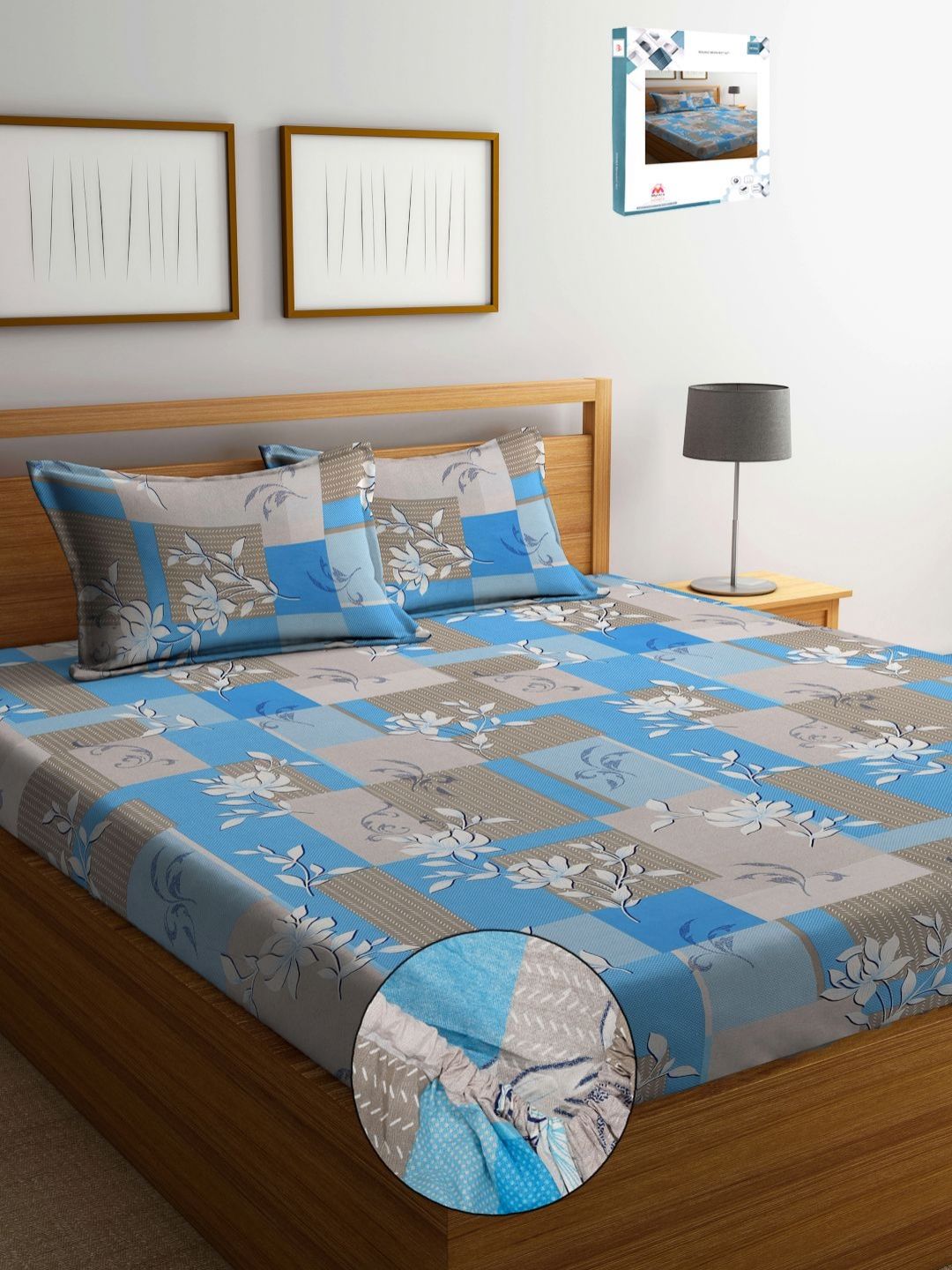 Myntra Elegant Homes Blue Floral Pure Cotton 400 TC Fitted King Superfine Bedsheet with 2 Pillow Covers-98 x 89 inches