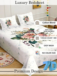 KLOTTHE White Floral Printed Flat 400 TC Double King 7D Cadar Dengan 2 Sarung Bantal
