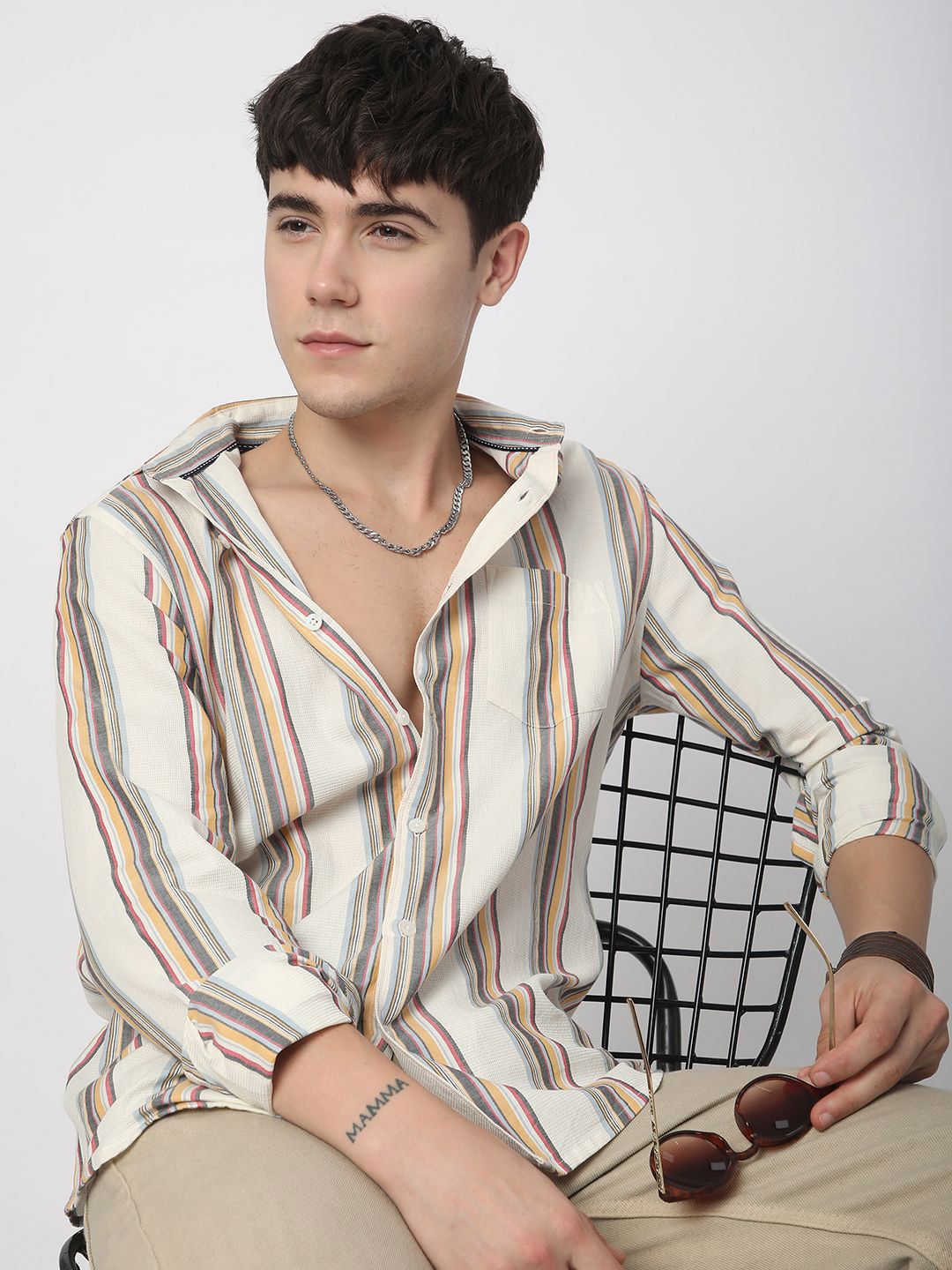VASTRADO Men Classic Fit Spread Collar Vertical Striped Cotton Casual Shirt