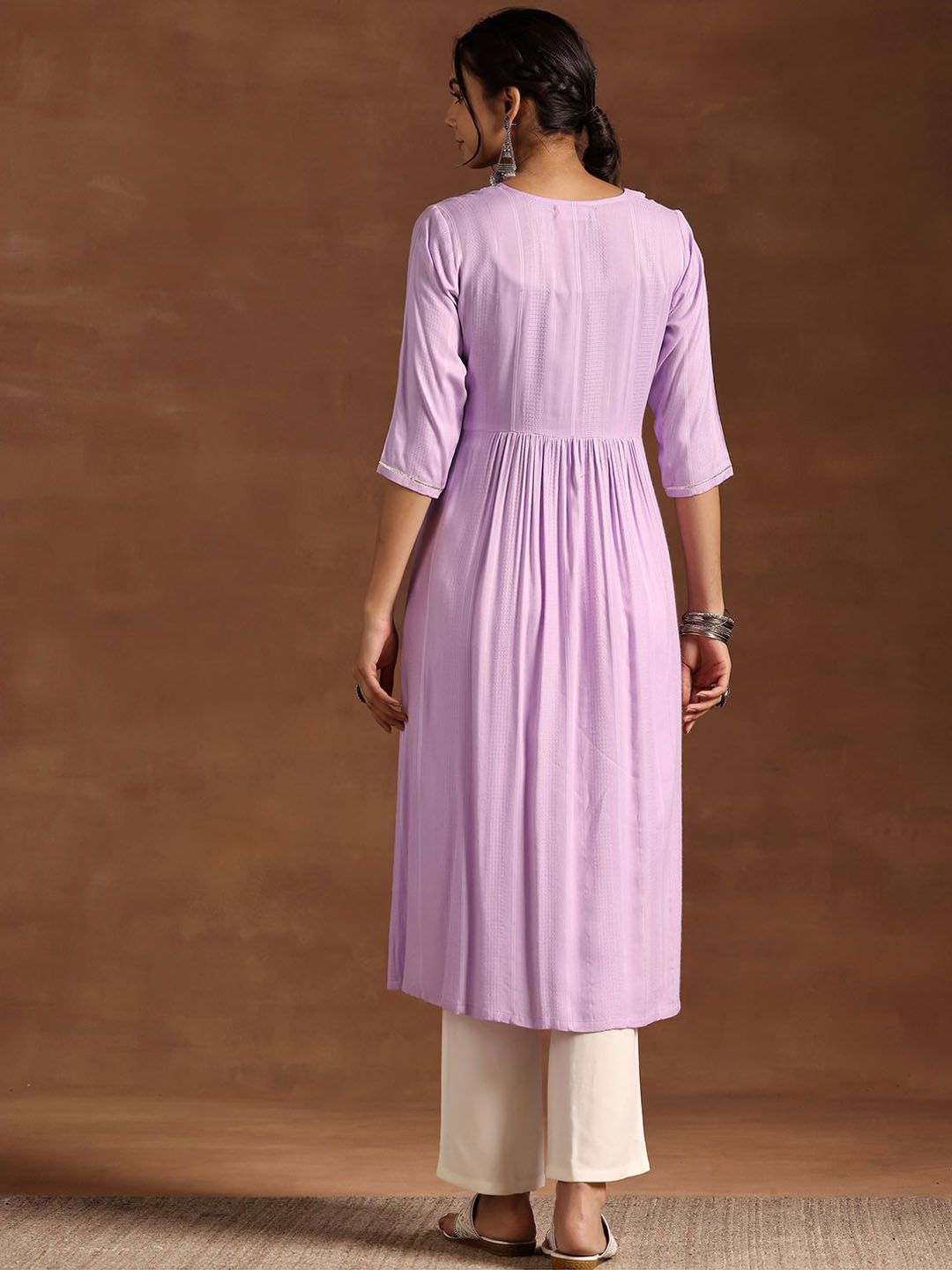Libas Lavender Floral Yoke Design Sequined Pleated Detail Anarkali Kurta