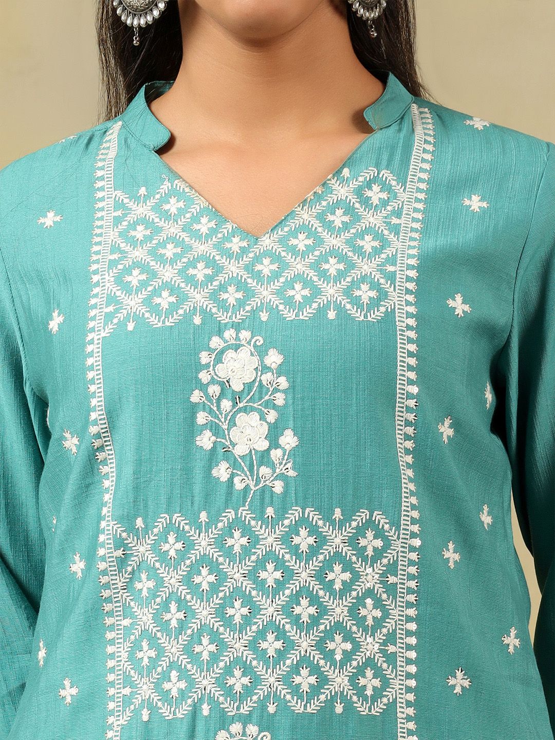 Motif Etnik Wanita Mamicha Bersulam Benang Biasa Bekerja Kurta Kapas Tulen dengan Seluar & Dengan Dupatta