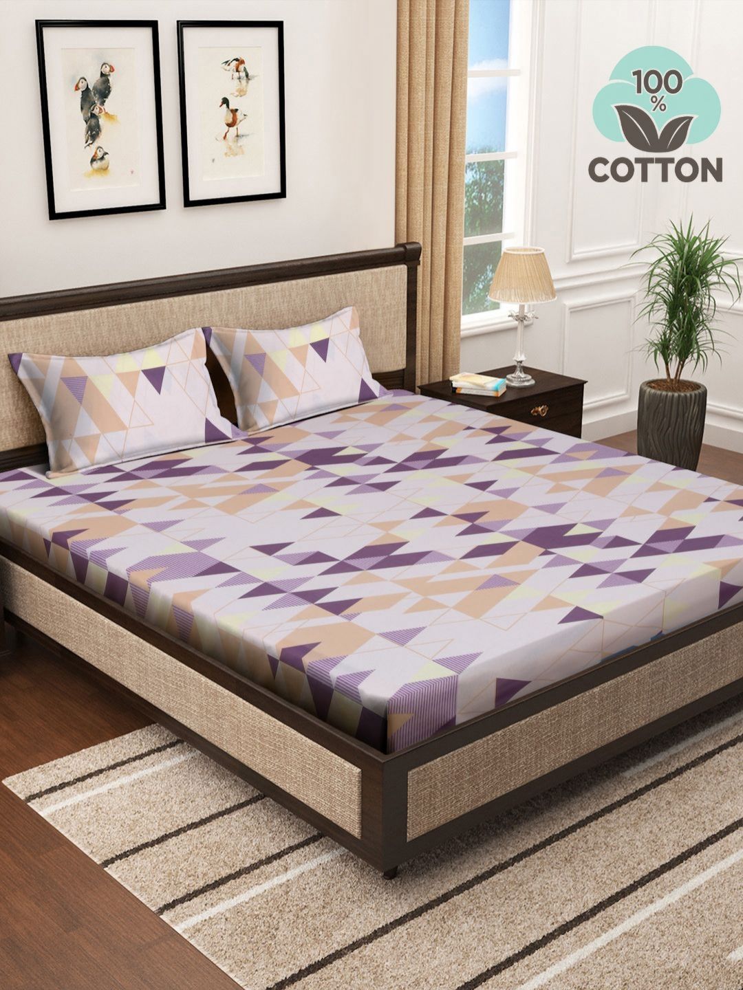 Myntra Elegant Homes Purple Printed 400 TC Pure Cotton King Bedsheet 2.25 m x 2.50 m