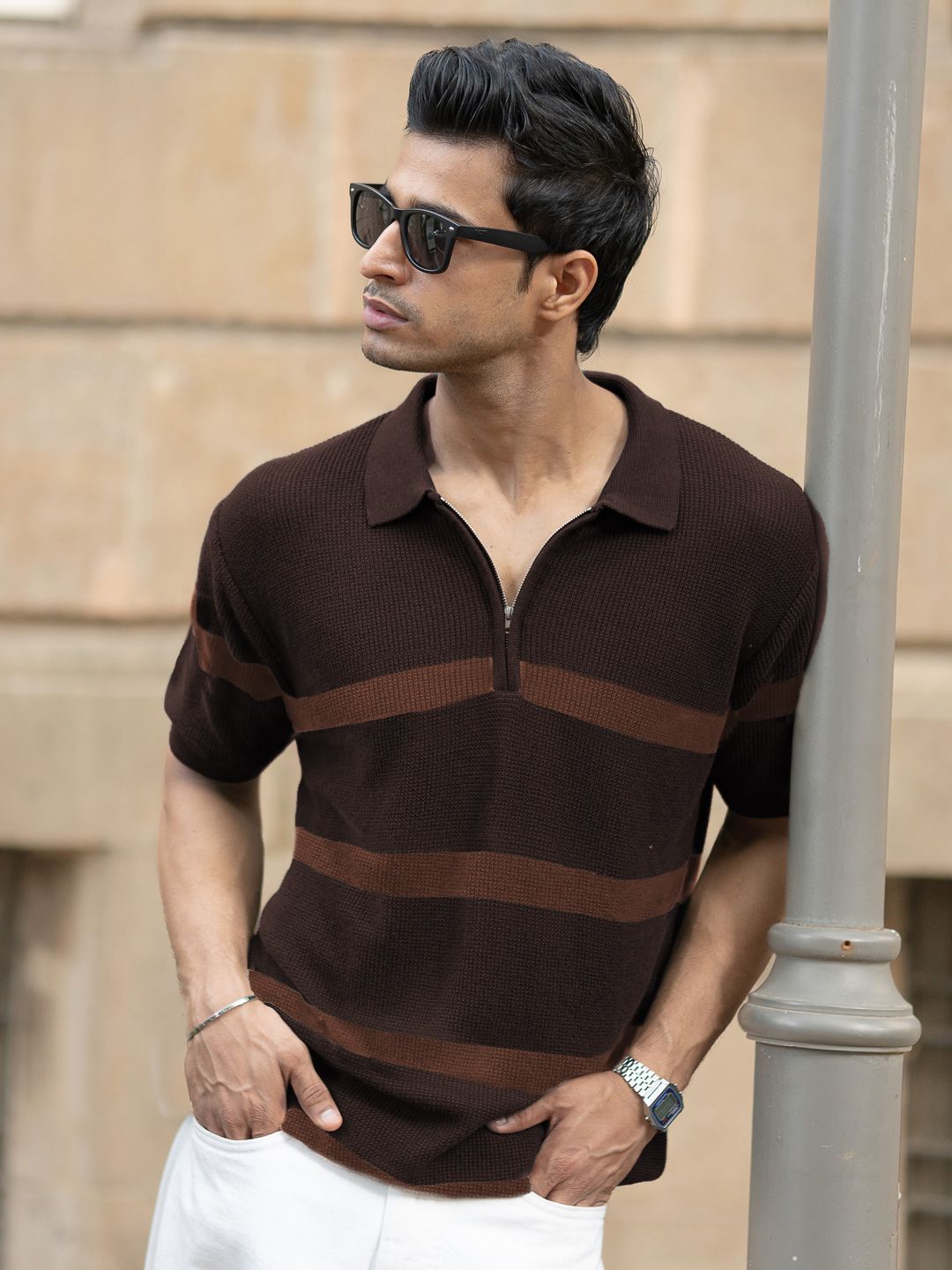 Powerlook Men Striped Polo Collar Cotton T-shirt