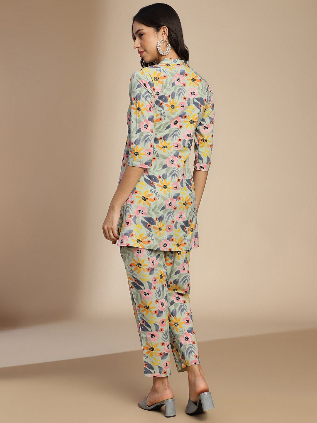 KALINI Floral Printed Pure Cotton Top With Trousers Co-Ords
