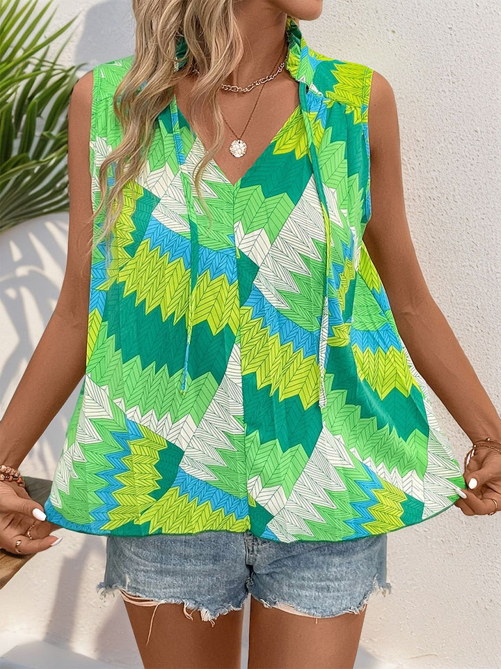 DressBerry Printed Tie-Up Neck Ruffled Longline Top