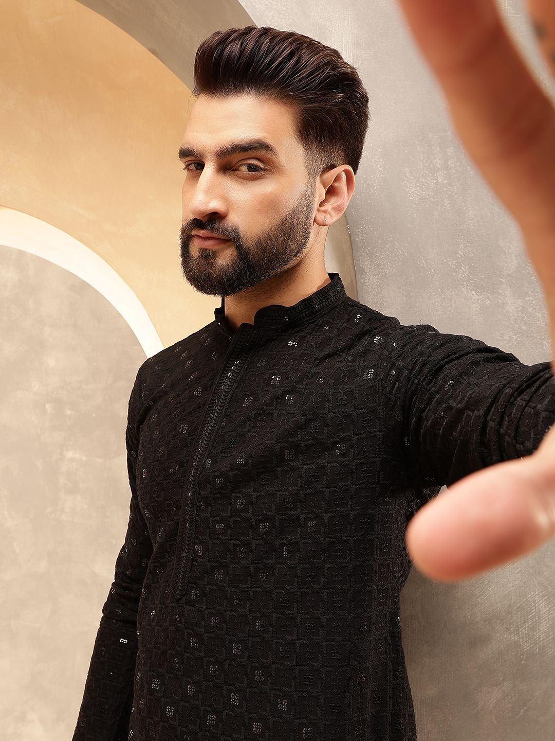 Anouk Black Geometric Embroidered Mandarin Collar Straight Pure Cotton Kurta With Trousers