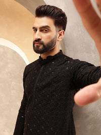 Anouk Black Geometric Embroidered Mandarin Collar Straight Pure Cotton Kurta With Trousers