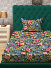 KLOTTHE Turquoise Blue Floral Printed Flat 300 TC Single Cadar 7D Dengan Sarung Bantal