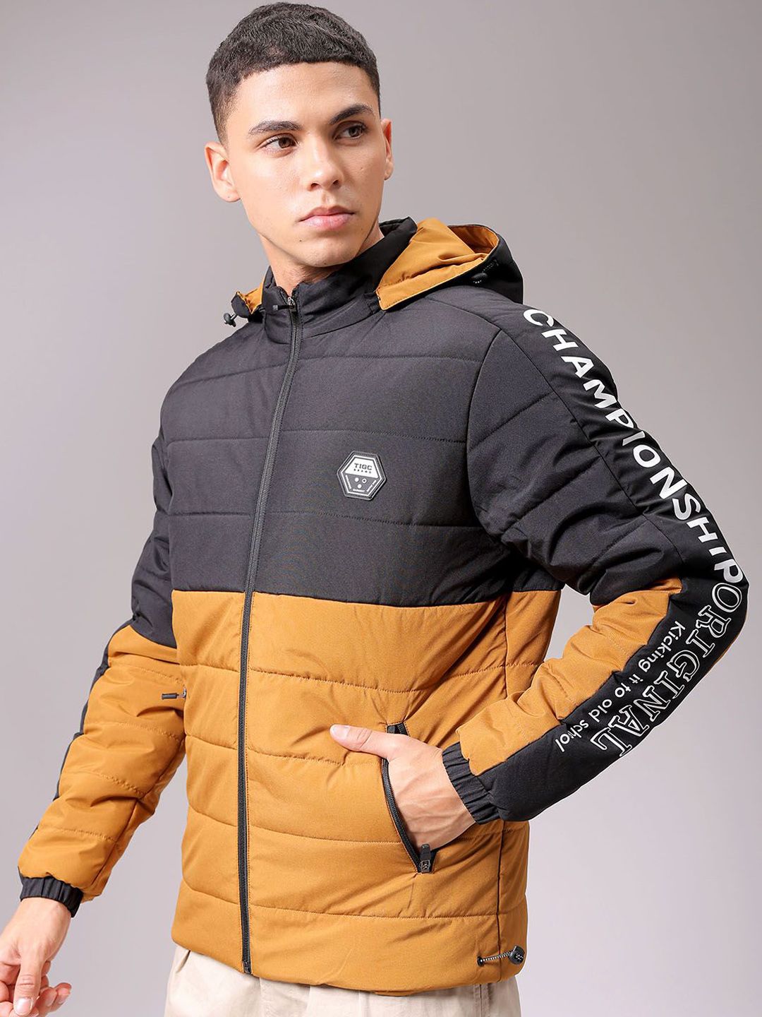 The Indian Garage Co Men Hooded Colourblocked Casual Puffer Jacket